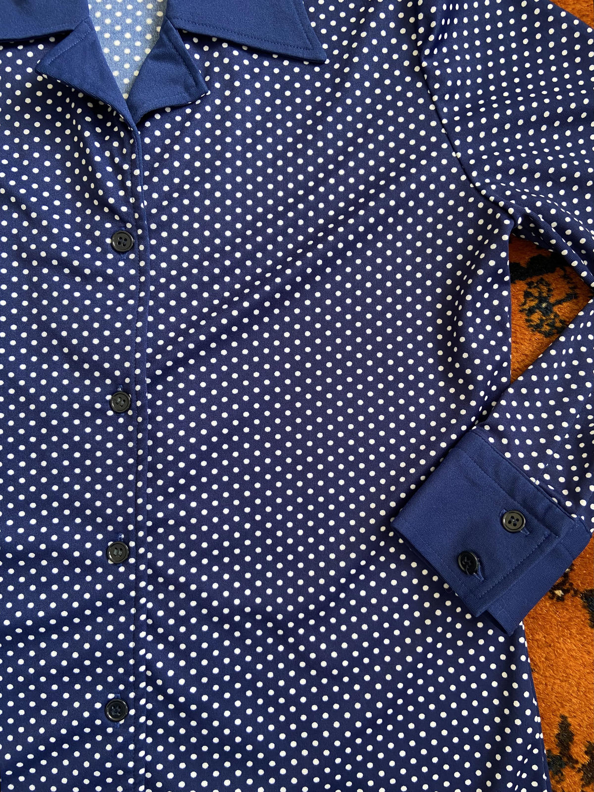 Vintage 1970s Navy Polka Dot Jersey Shirt