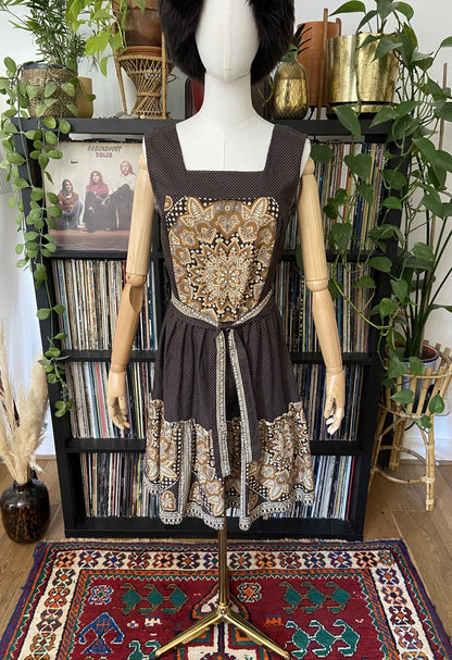 Vintage 1970s Brown Patterned Pinafore Dress