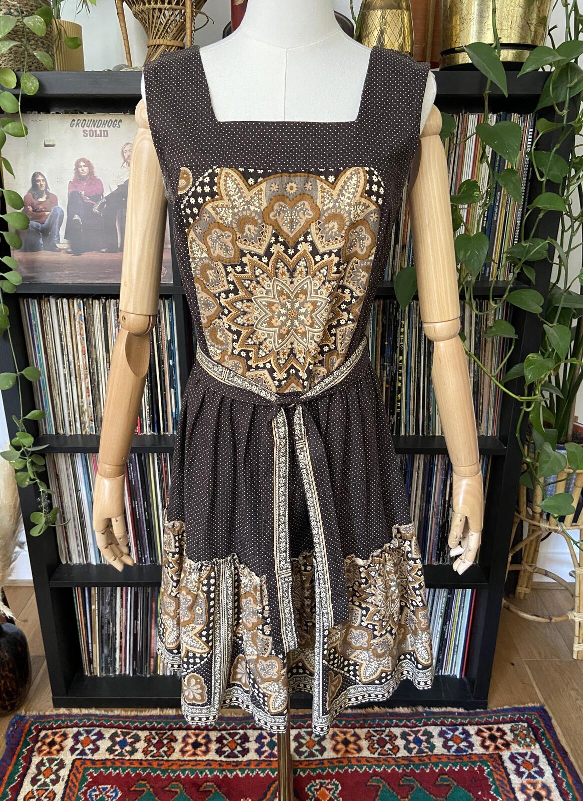 Vintage 1970s Brown Patterned Pinafore Dress