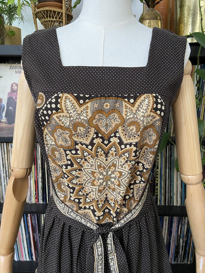 Vintage 1970s Brown Patterned Pinafore Dress