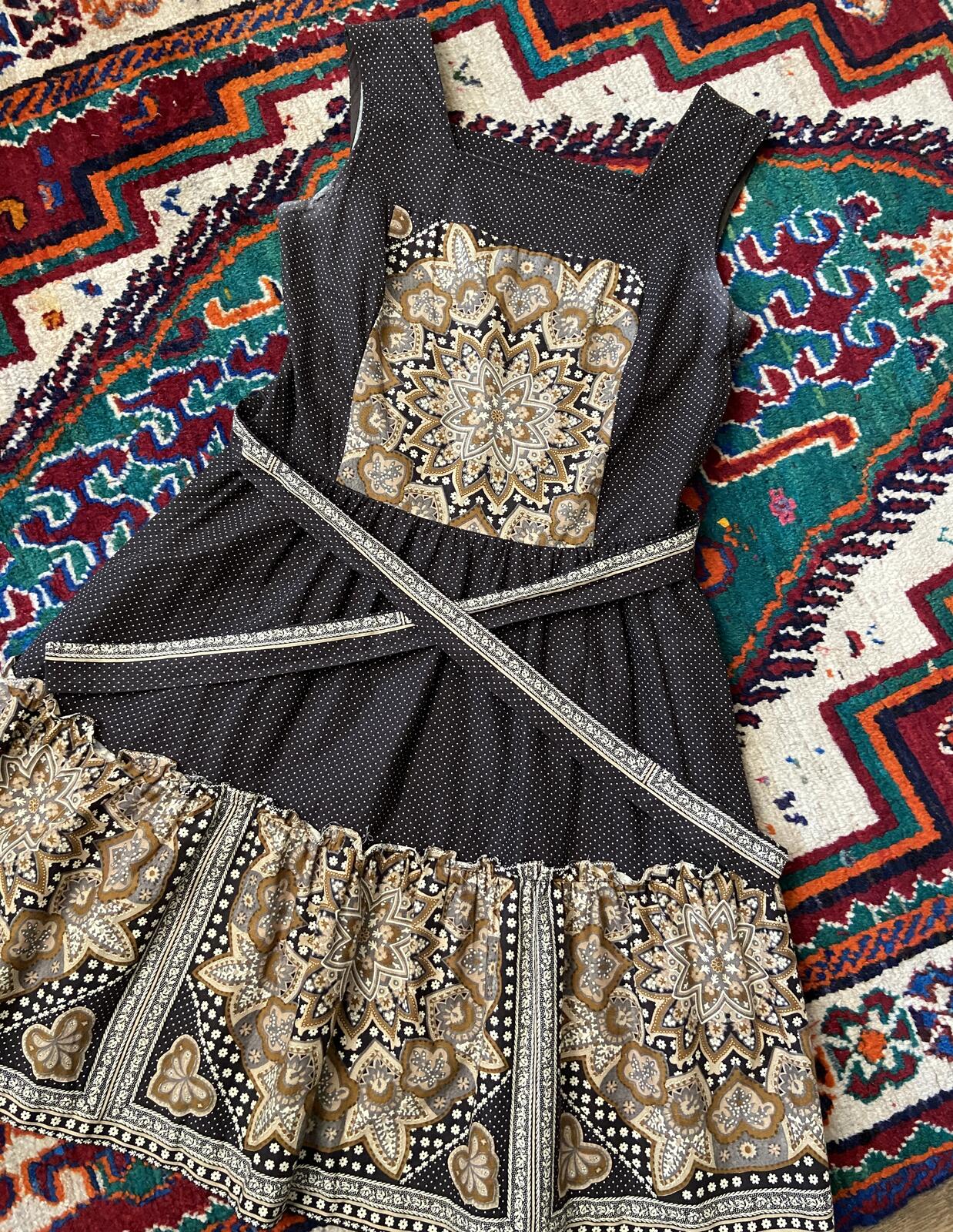 Vintage 1970s Brown Patterned Pinafore Dress