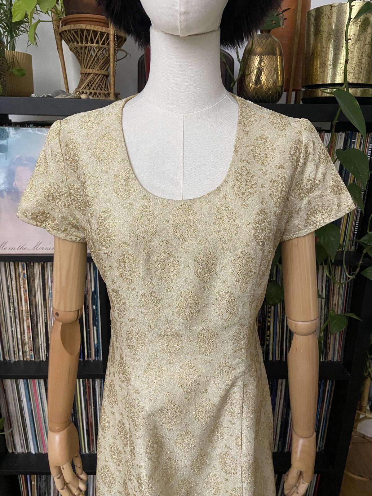 Vintage 1960s Gold Brocade Maxi Dress