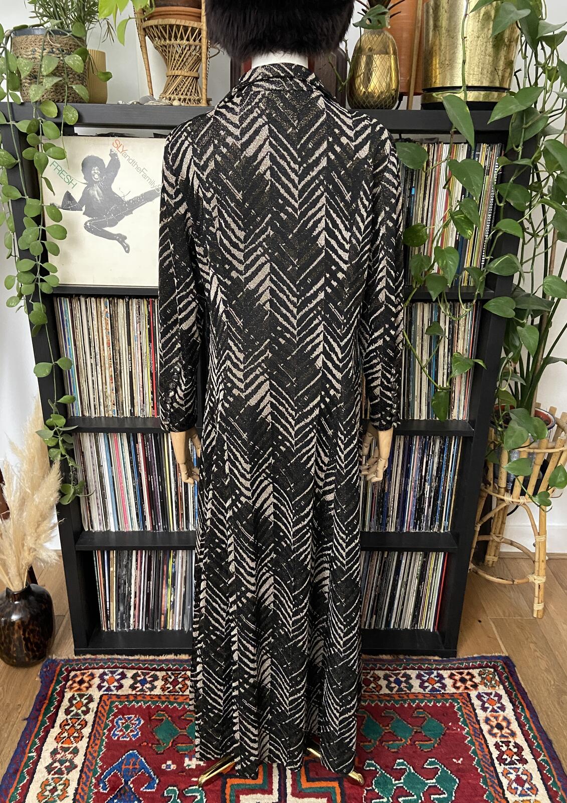 Vintage 1970s Black Gold Dagger Collar Dress