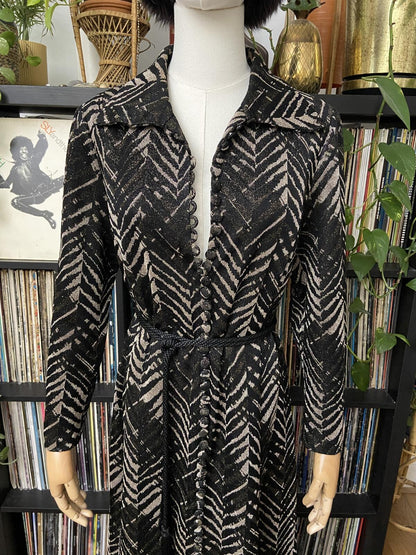 Vintage 1970s Black Gold Dagger Collar Dress