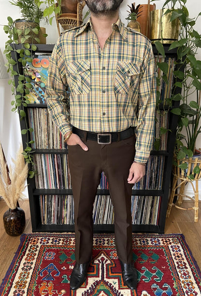 Vintage 1970s Green & Yellow Dagger Collar Checked Shirt