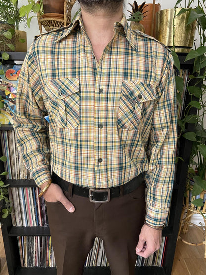 Vintage 1970s Green & Yellow Dagger Collar Checked Shirt