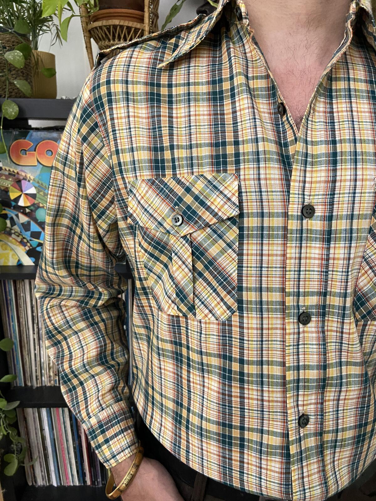 Vintage 1970s Green & Yellow Dagger Collar Checked Shirt