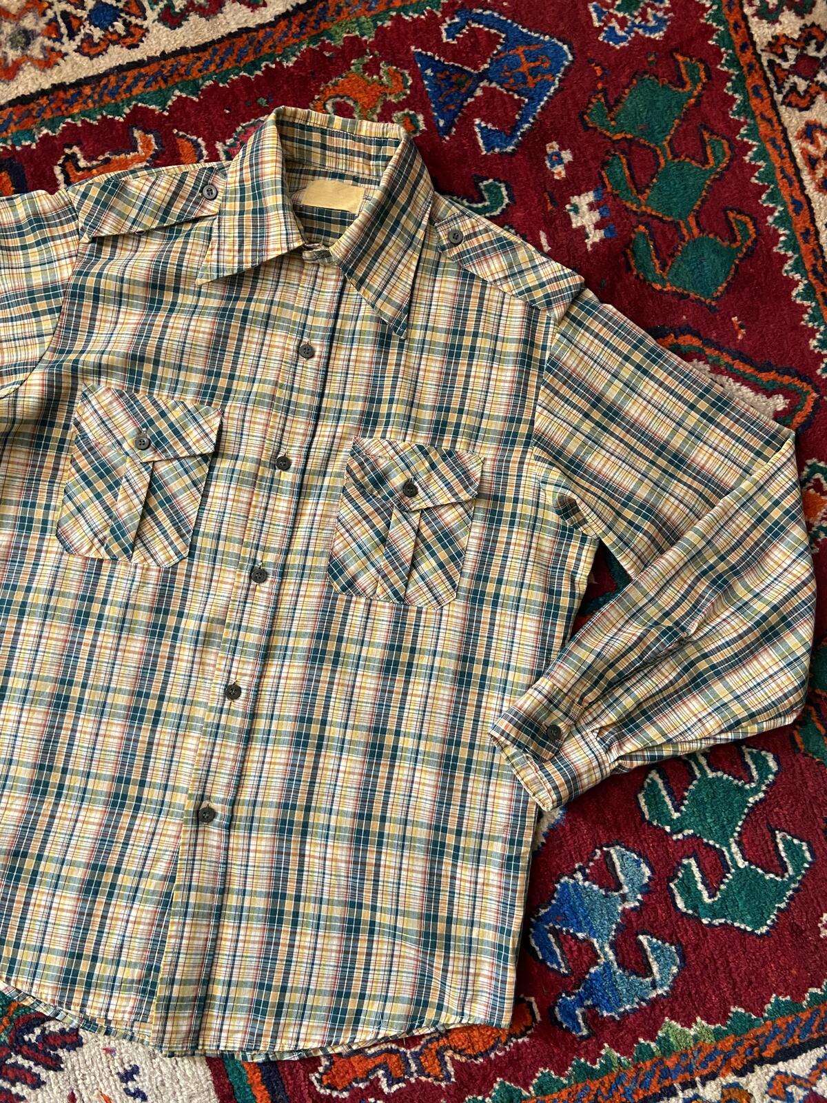 Vintage 1970s Green & Yellow Dagger Collar Checked Shirt