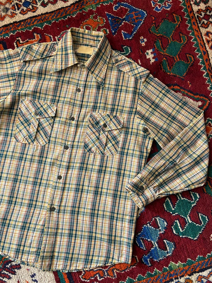 Vintage 1970s Green & Yellow Dagger Collar Checked Shirt