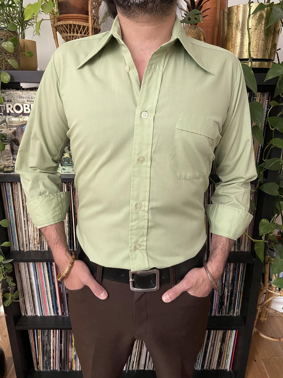 Vintage 1970s Sage Green Dagger Collar Shirt