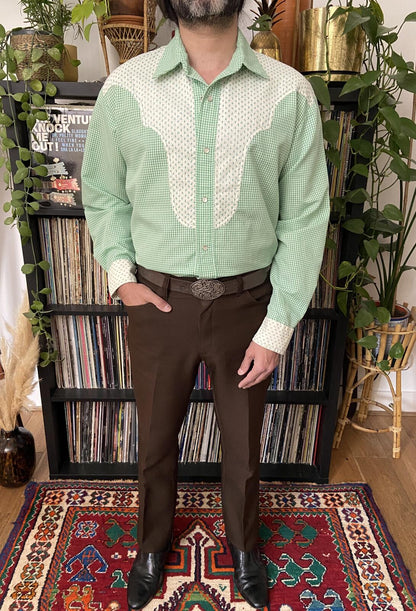 Vintage 1970s Green Gingham Rodeo Western Shirt