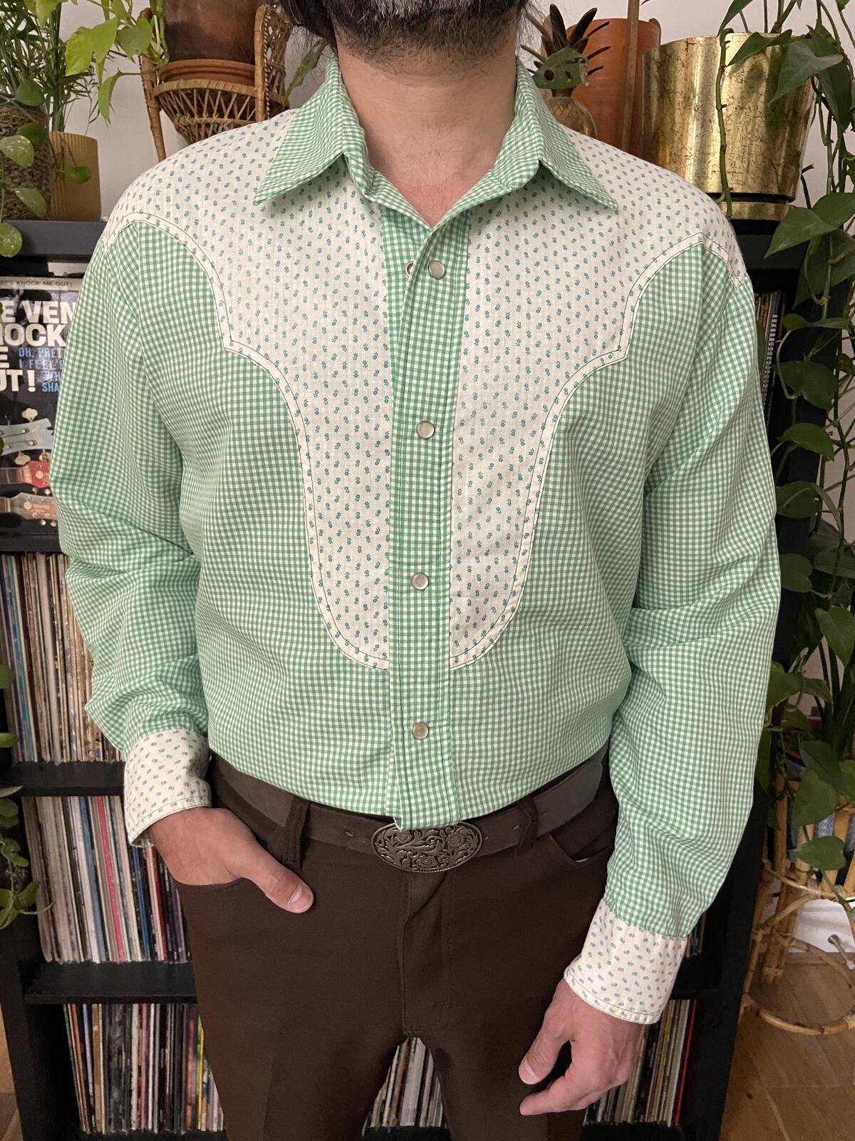 Vintage 1970s Green Gingham Rodeo Western Shirt