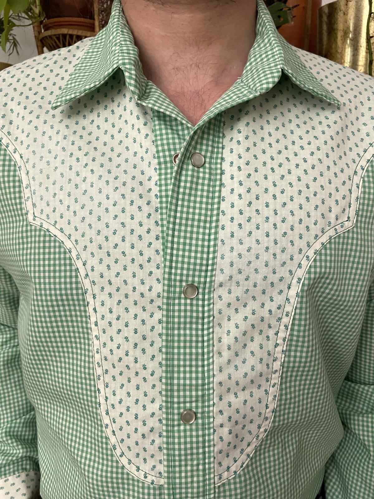 Vintage 1970s Green Gingham Rodeo Western Shirt