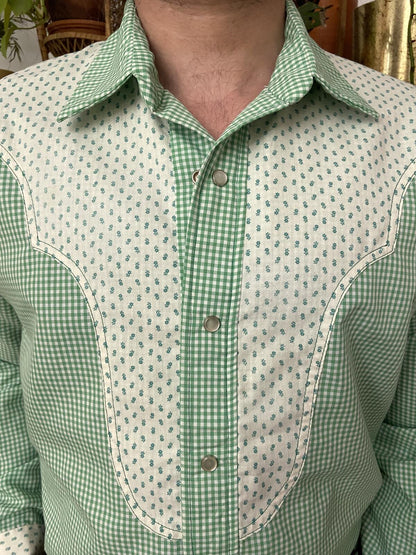 Vintage 1970s Green Gingham Rodeo Western Shirt