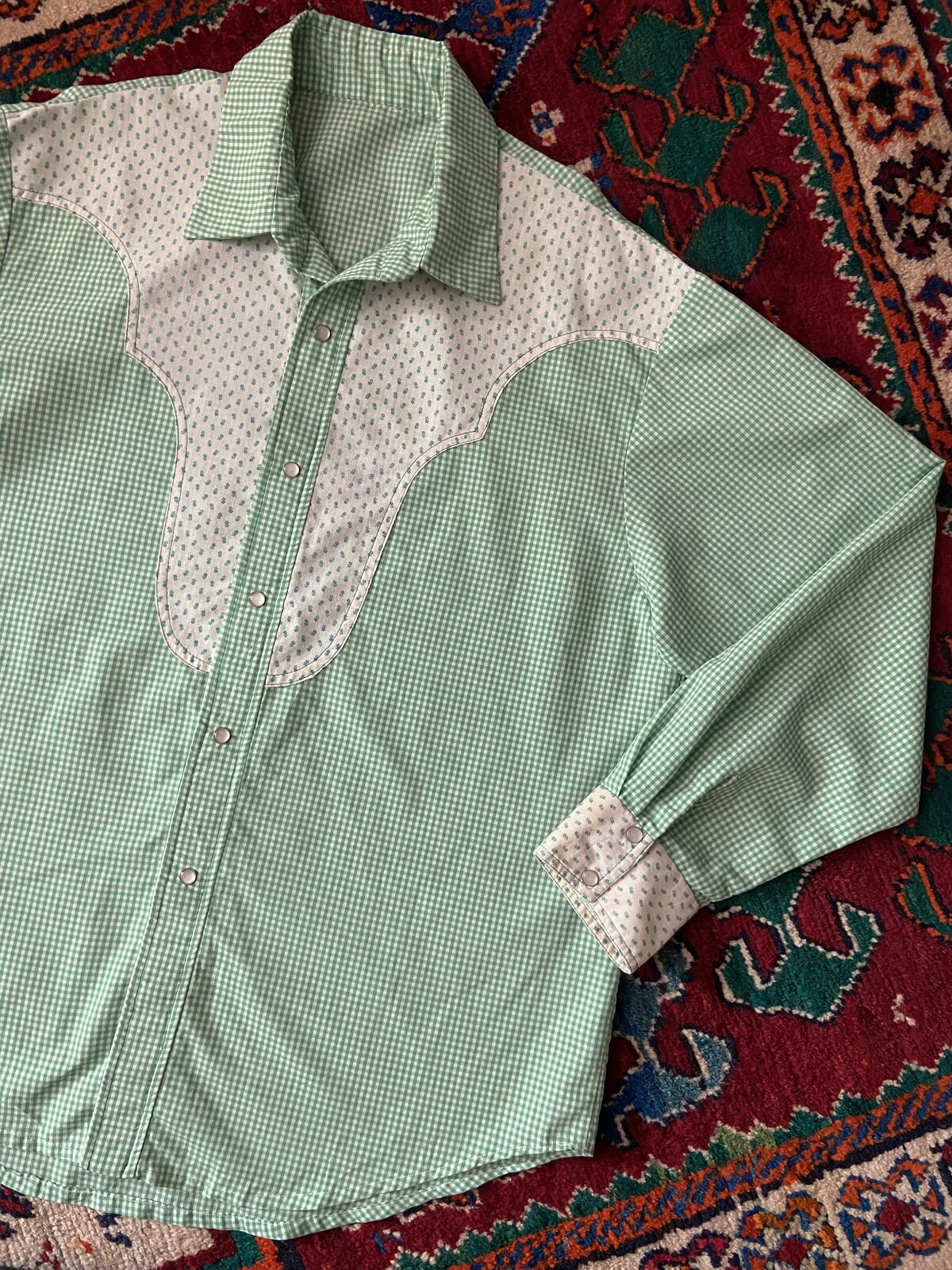 Vintage 1970s Green Gingham Rodeo Western Shirt
