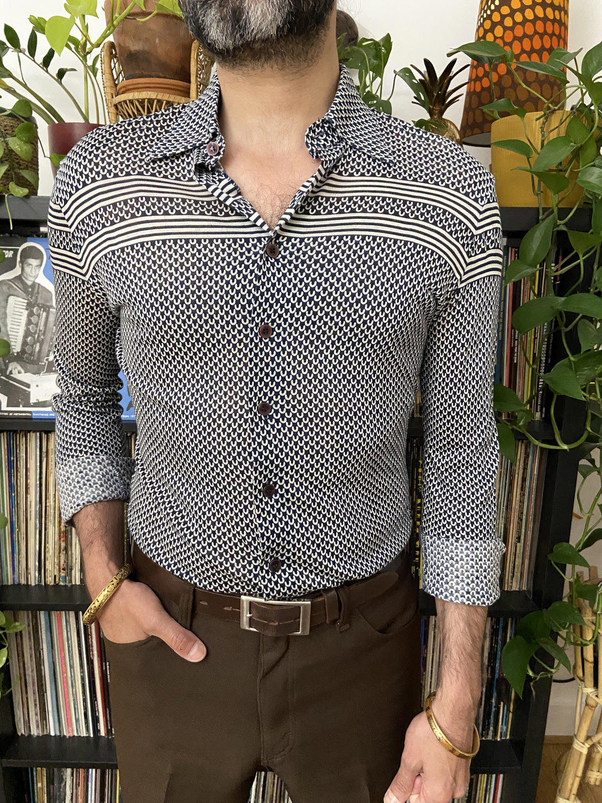 Vintage 1970s Navy & White Patterned Jersey Shirt