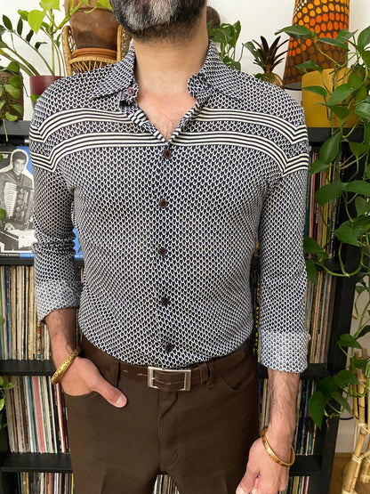Vintage 1970s Navy & White Patterned Jersey Shirt