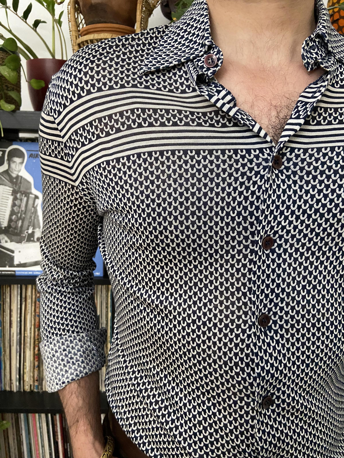 Vintage 1970s Navy & White Patterned Jersey Shirt