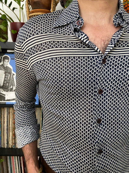 Vintage 1970s Navy & White Patterned Jersey Shirt