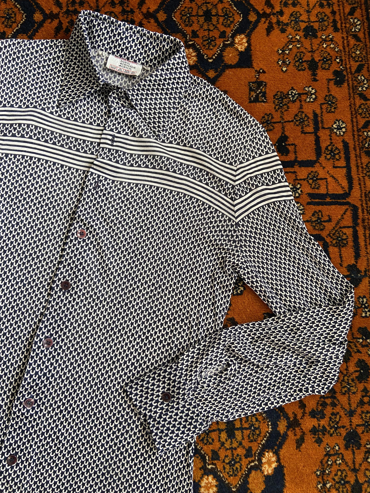 Vintage 1970s Navy & White Patterned Jersey Shirt
