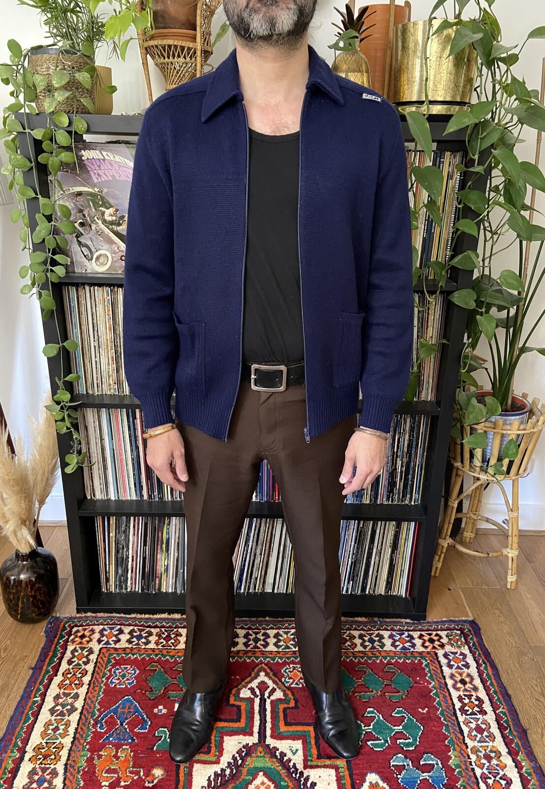 Vintage 1970s Italian Navy Collared Cardigan