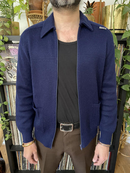 Vintage 1970s Italian Navy Collared Cardigan