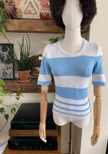Vintage 1970s Pale Blue Striped Knit Top