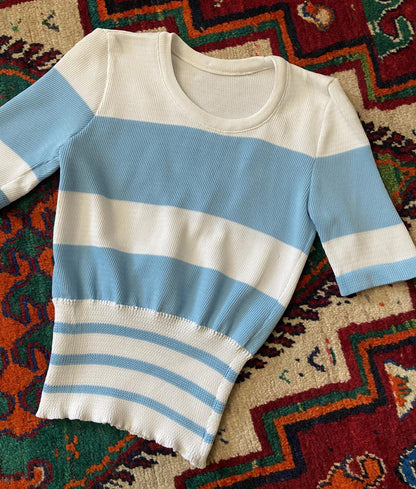 Vintage 1970s Pale Blue Striped Knit Top
