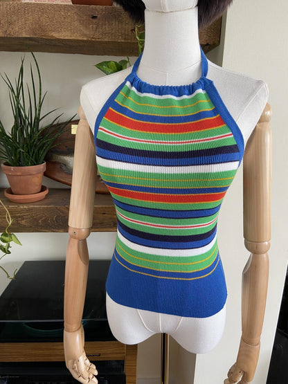 Vintage 1970s Blue Striped Halterneck Top