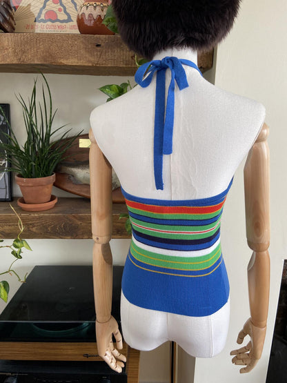 Vintage 1970s Blue Striped Halterneck Top