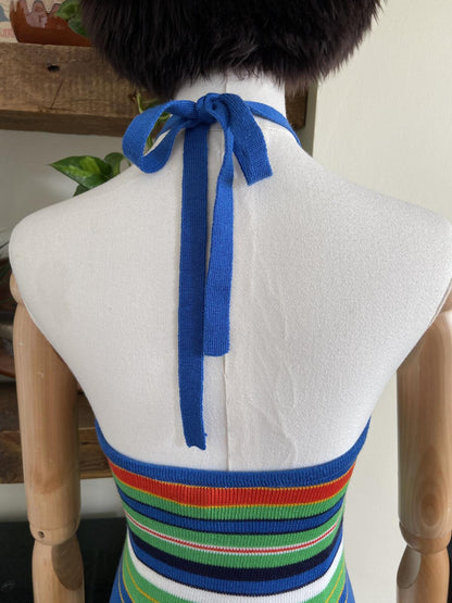 Vintage 1970s Blue Striped Halterneck Top