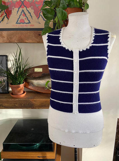 Vintage 1970s Navy White Stripe Daisy Button Top