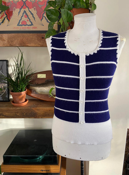 Vintage 1970s Navy White Stripe Daisy Button Top