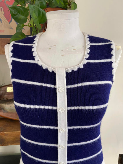 Vintage 1970s Navy White Stripe Daisy Button Top