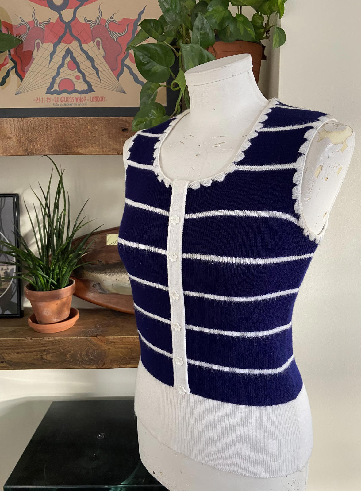 Vintage 1970s Navy White Stripe Daisy Button Top