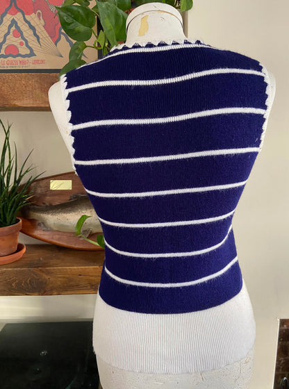 Vintage 1970s Navy White Stripe Daisy Button Top