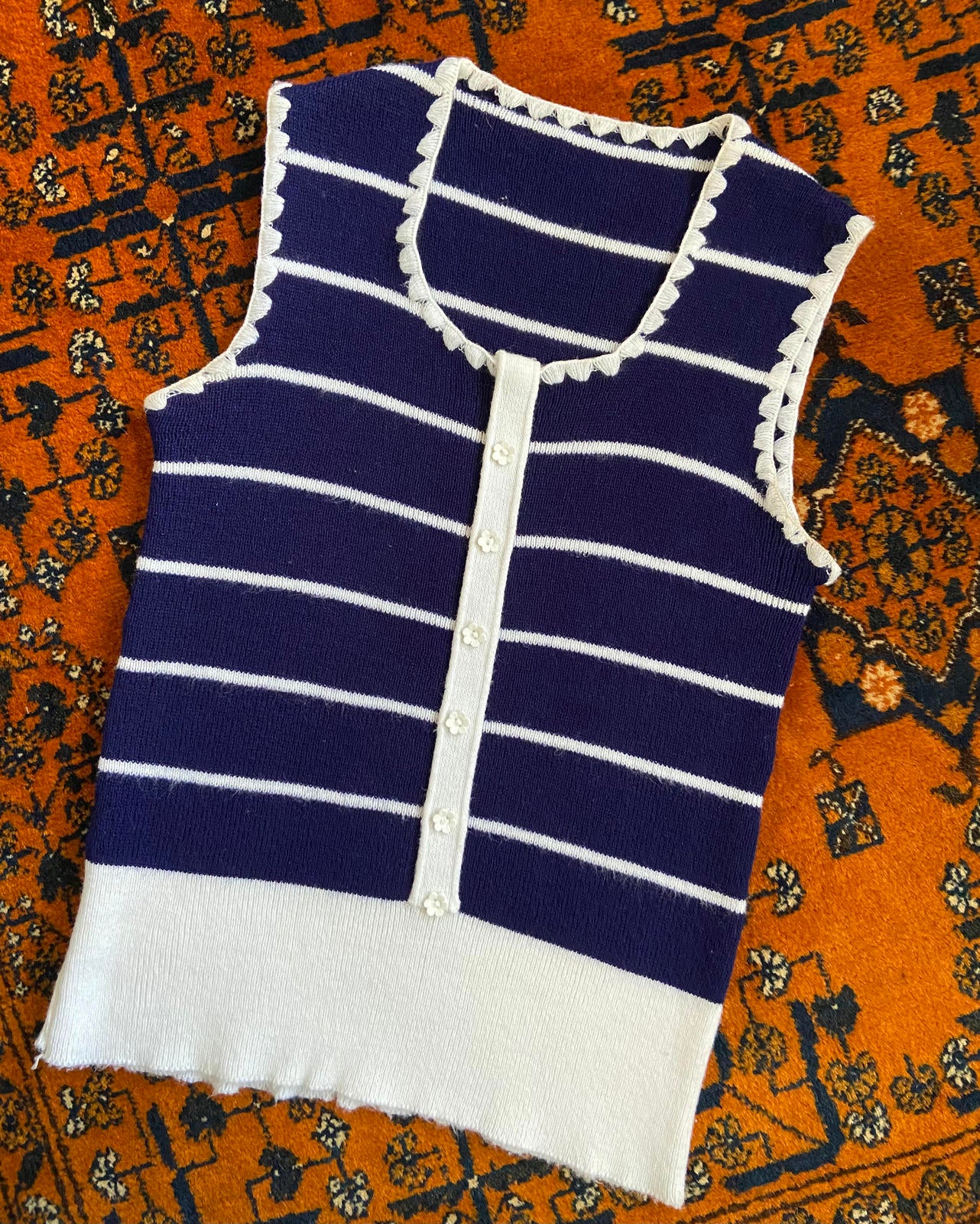 Vintage 1970s Navy White Stripe Daisy Button Top