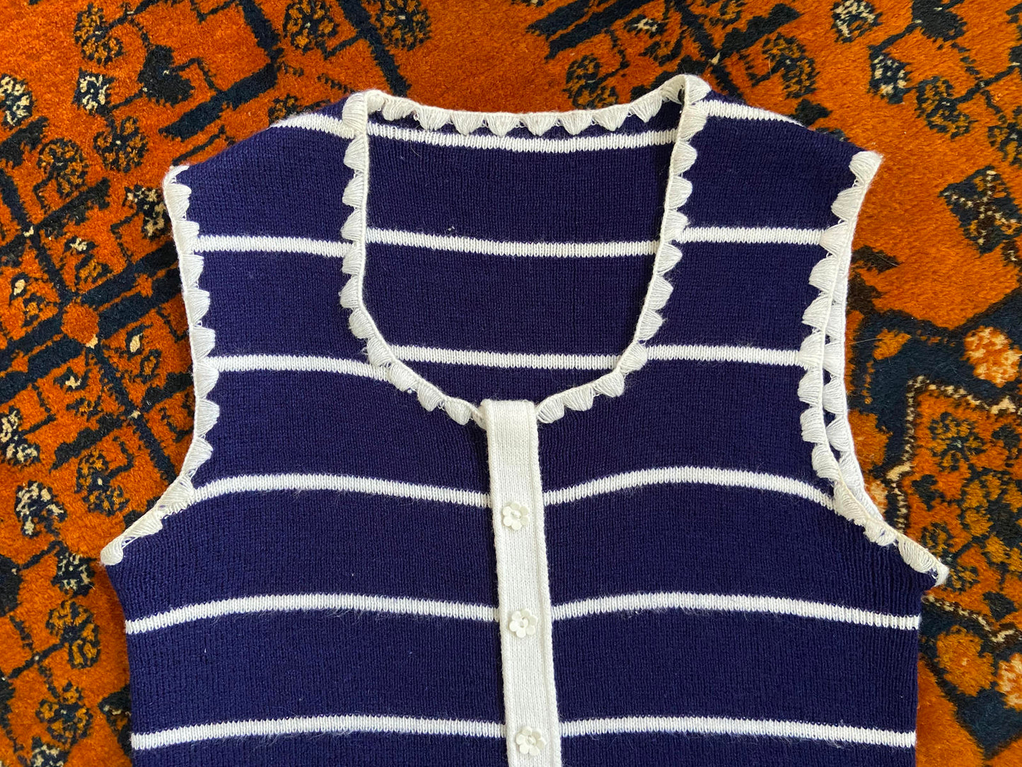 Vintage 1970s Navy White Stripe Daisy Button Top