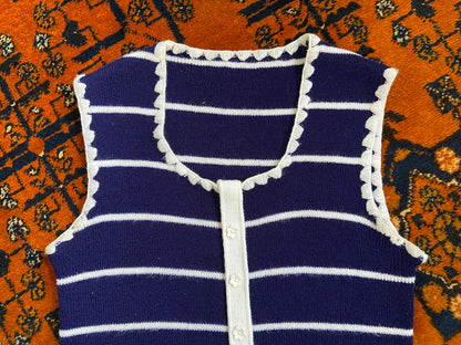 Vintage 1970s Navy White Stripe Daisy Button Top