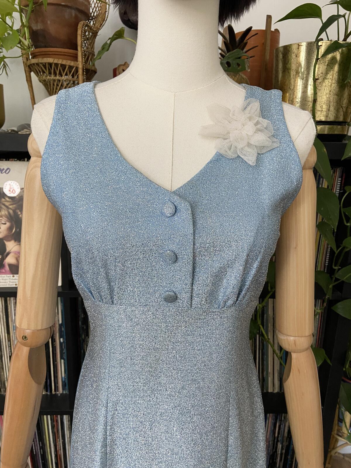 Vintage 1960s Pale Blue Metallic Maxi Dress