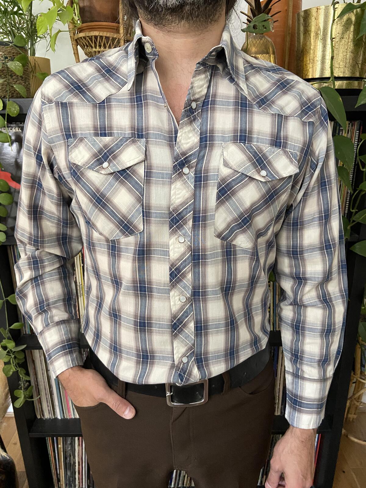 Vintage 90s Wrangler Grey & Blue Western Shirt