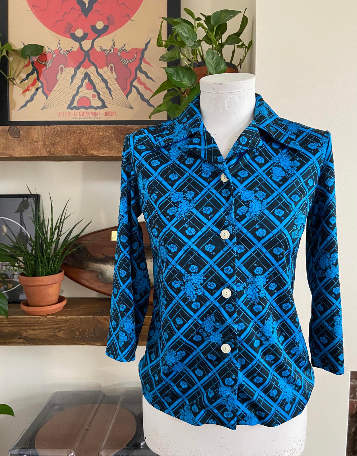 Vintage 1970s Electric Blue Black Jersey Shirt