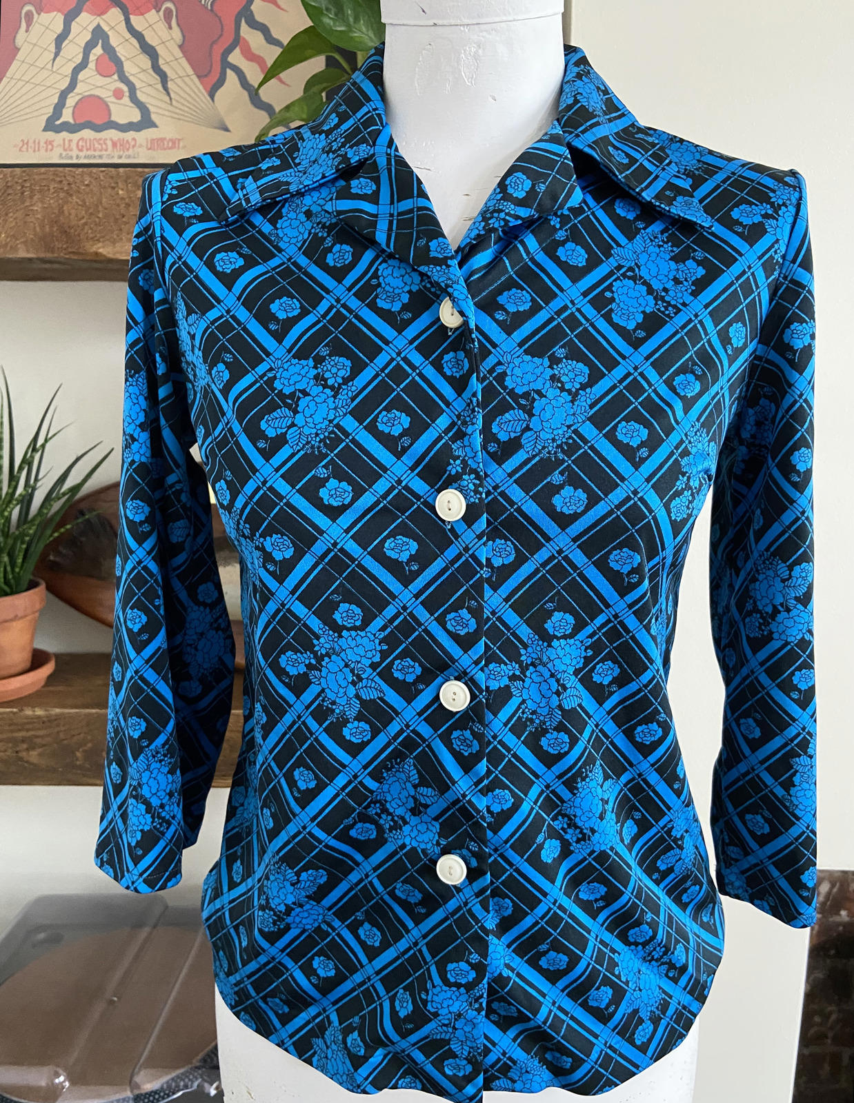Vintage 1970s Electric Blue Black Jersey Shirt