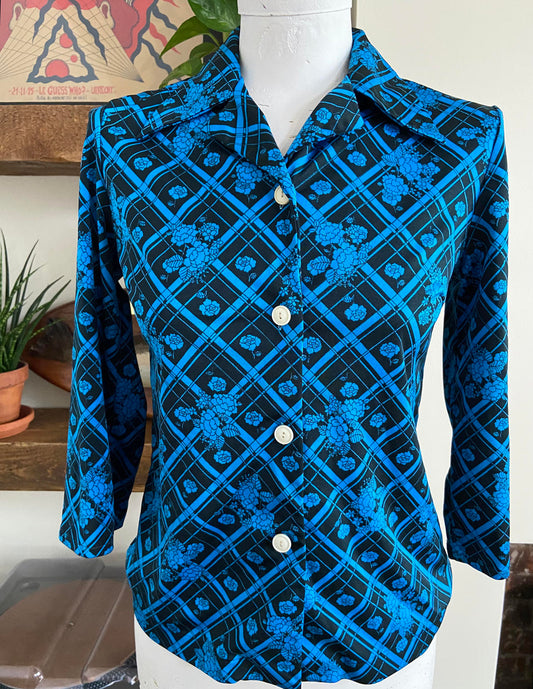 Vintage 1970s Electric Blue Black Jersey Shirt