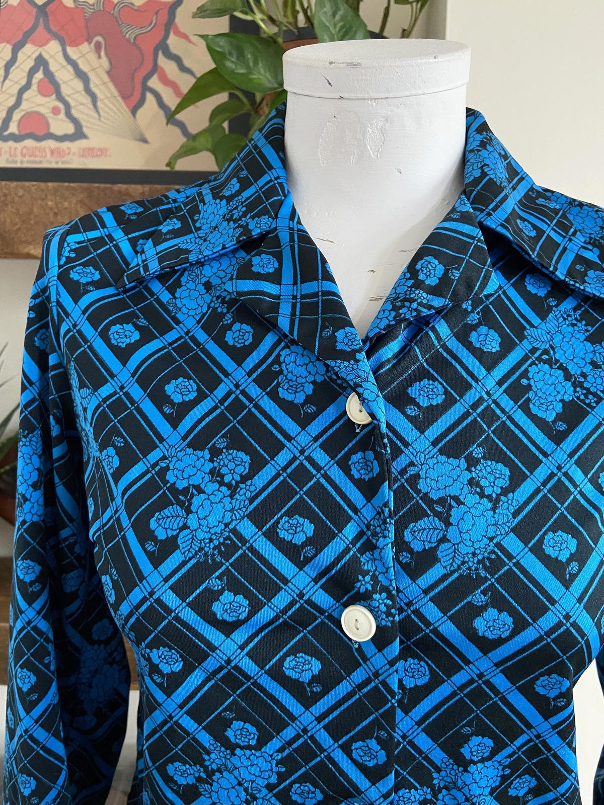 Vintage 1970s Electric Blue Black Jersey Shirt