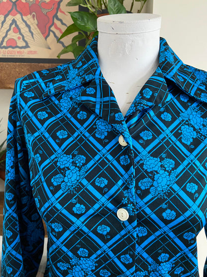 Vintage 1970s Electric Blue Black Jersey Shirt
