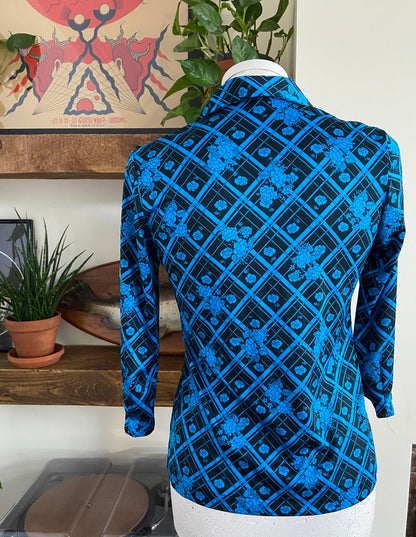 Vintage 1970s Electric Blue Black Jersey Shirt