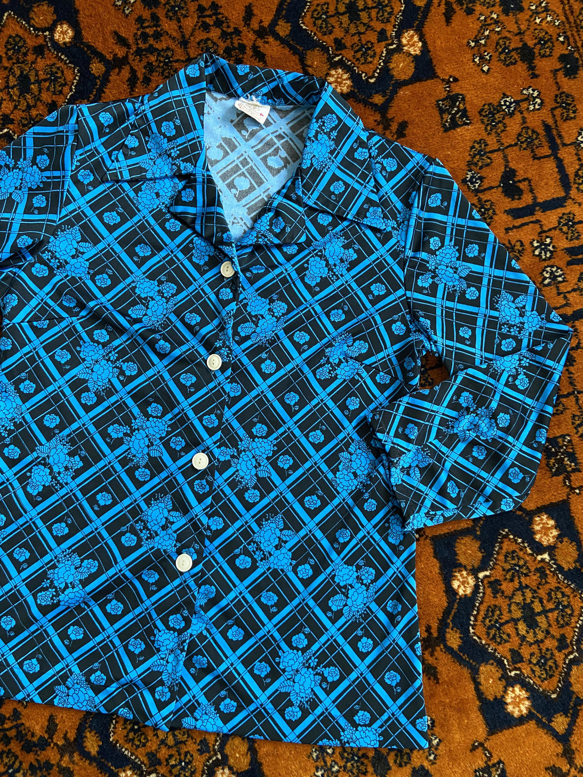 Vintage 1970s Electric Blue Black Jersey Shirt