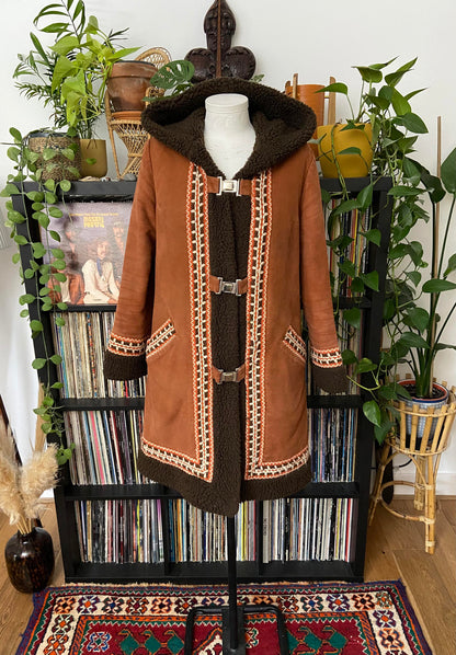 Vintage 1970s Brown Hooded Afghan Coat