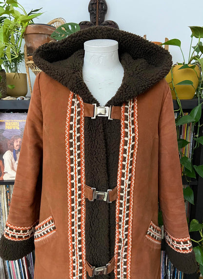 Vintage 1970s Brown Hooded Afghan Coat